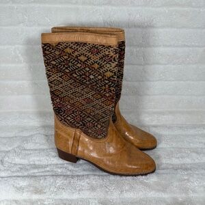 Brown Leather And Wool Tapestry Kilim Boots Handmade Pointed Moroccan Boots 9.5